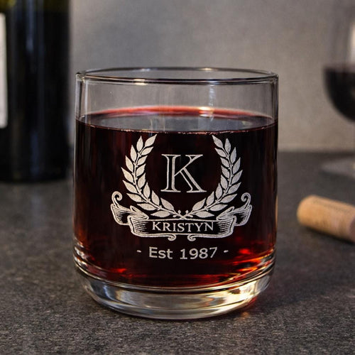 Personalized Engraved Whiskey Glass or Wine Glass – Custom Name & Year – Elegant Monogram Gift – Anniversary, Birthday, Wedding Keepsake